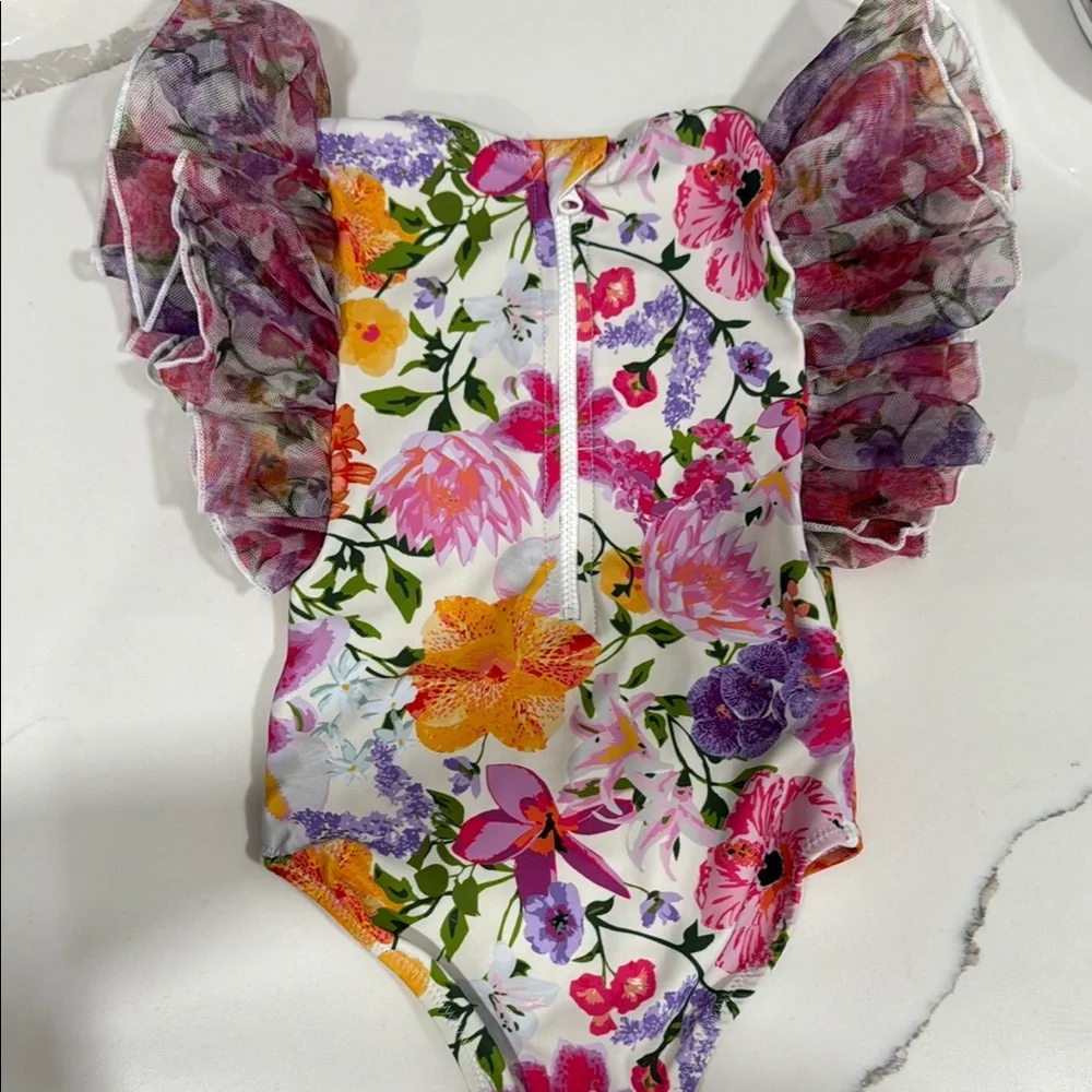 Floral Ruffle-Sleeve Kids One-Piece Swimsuit - White Multi
